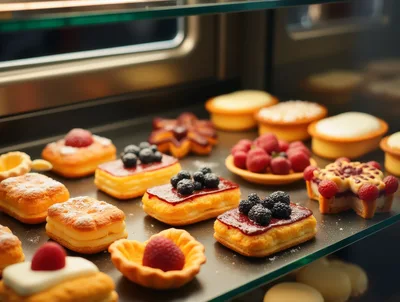 Assorted Gourmet Pastries Displayed In A Bakery Showcase