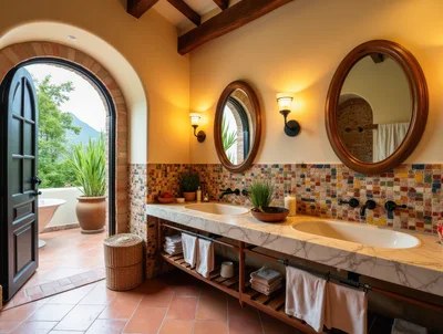 Luxury Mediterranean Bathroom With Double Vanity And Terrace