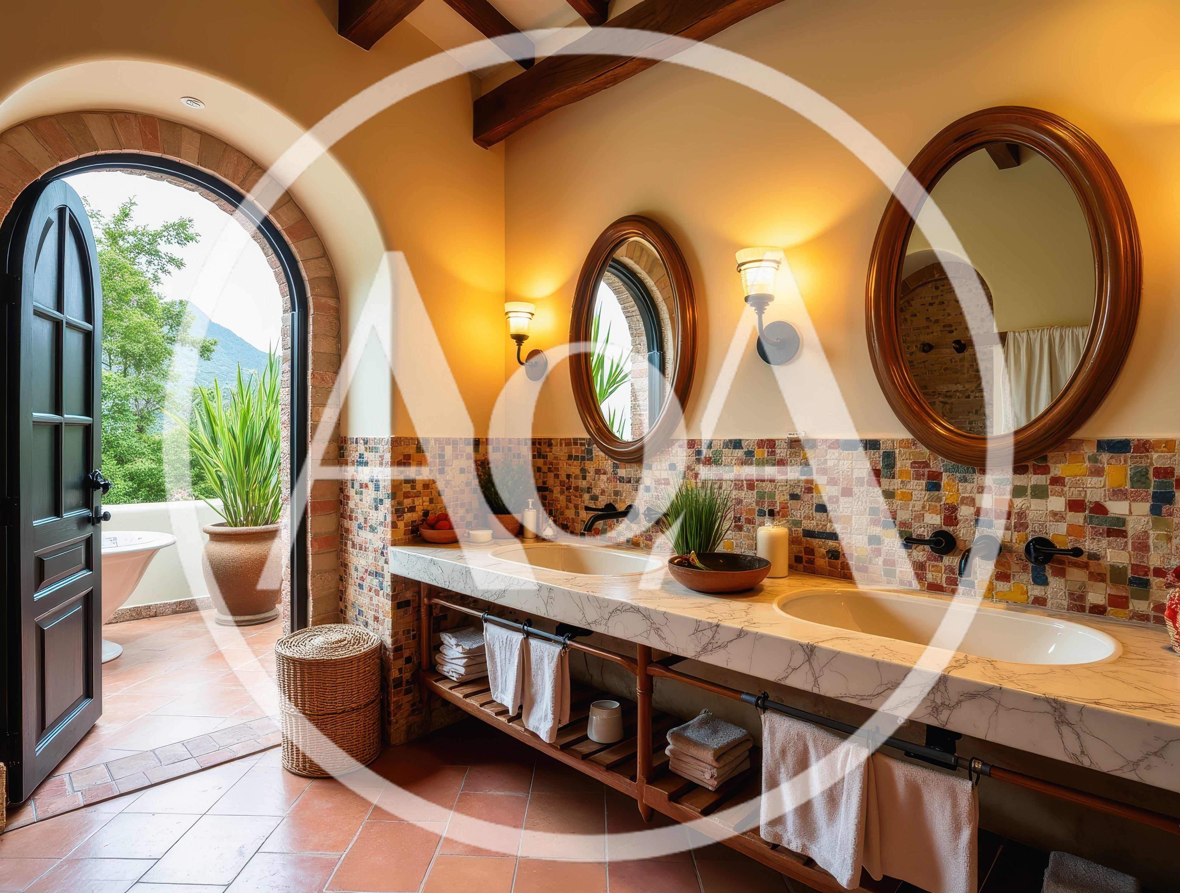 Luxury Mediterranean Bathroom With Double Vanity And Terrace