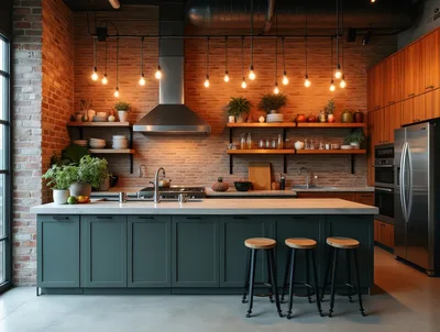 Modern Industrial Kitchen Interior With Brick Walls