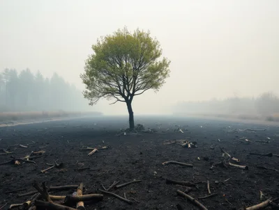 Single Green Tree Standing In A Burnt Forest