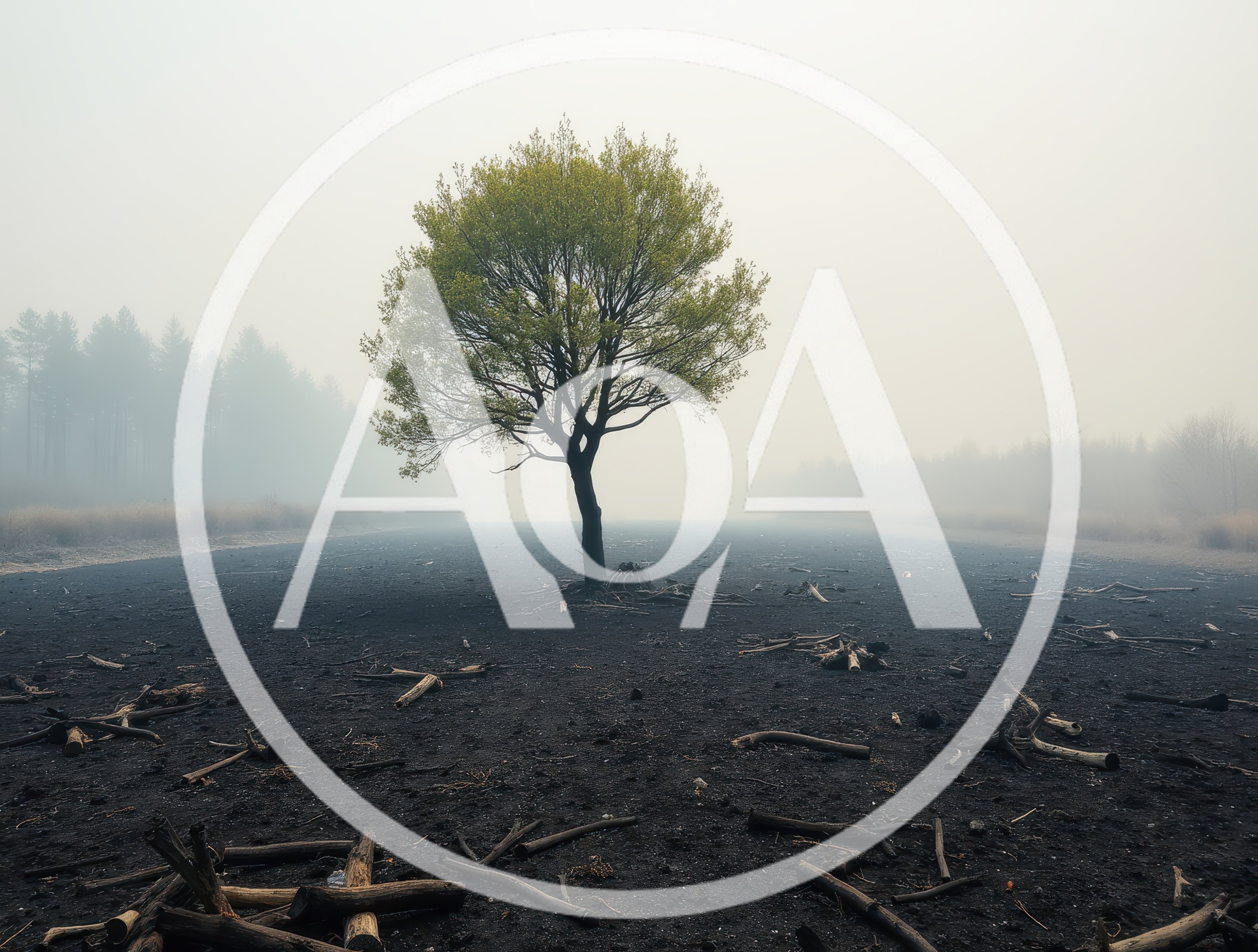 Single Green Tree Standing In A Burnt Forest