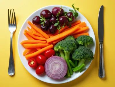 Healthy Vegetable And Fruit Platter On Yellow Background