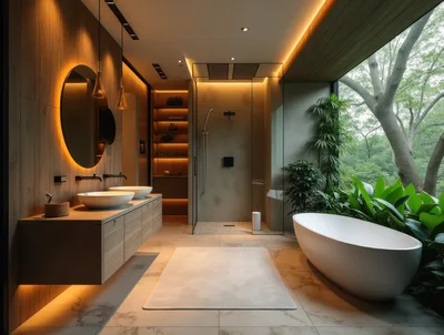 Modern Luxury Bathroom With Indoor Plants And Forest View