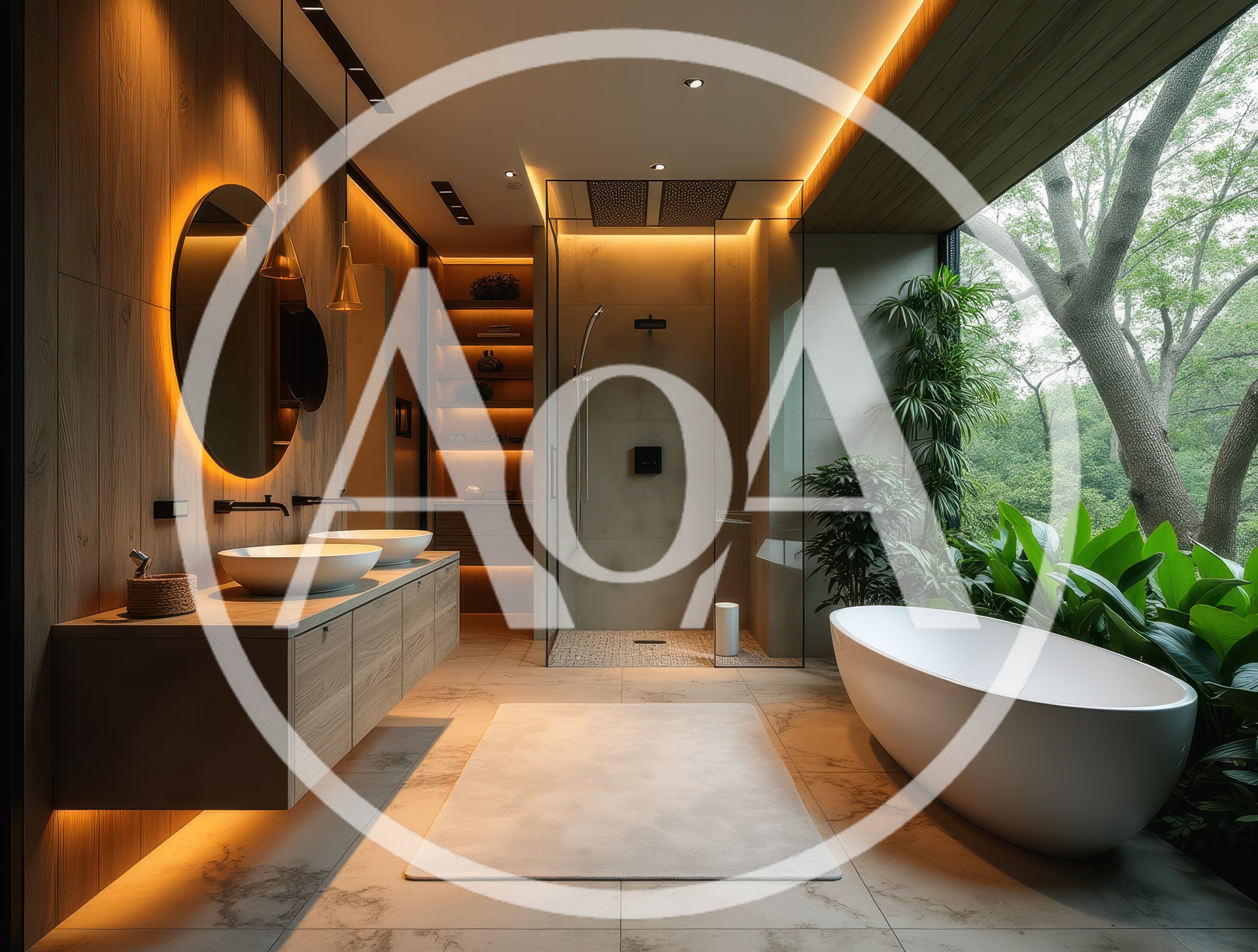 Modern Luxury Bathroom With Indoor Plants And Forest View