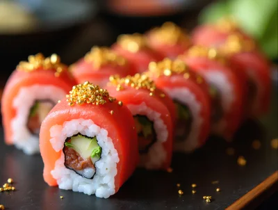 Gourmet Tuna Sushi Rolls Topped With Edible Gold