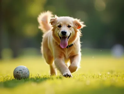 Happy Golden Retriever Puppy Running Toward Ball