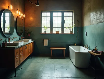 Modern Bathroom Interior With Double Vanity And Bathtub
