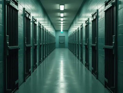 Empty Prison Corridor With Rows Of Metal Cell Doors