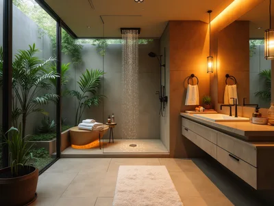 Modern Luxury Bathroom With Indoor Garden And Rain Shower