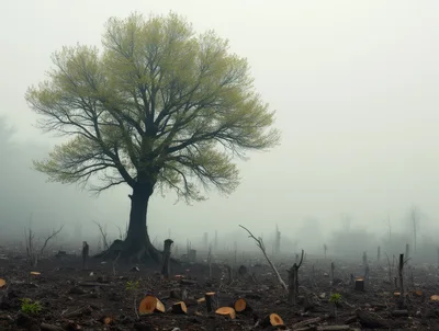 Solitary Tree Standing Amidst A Deforested Foggy Landscape