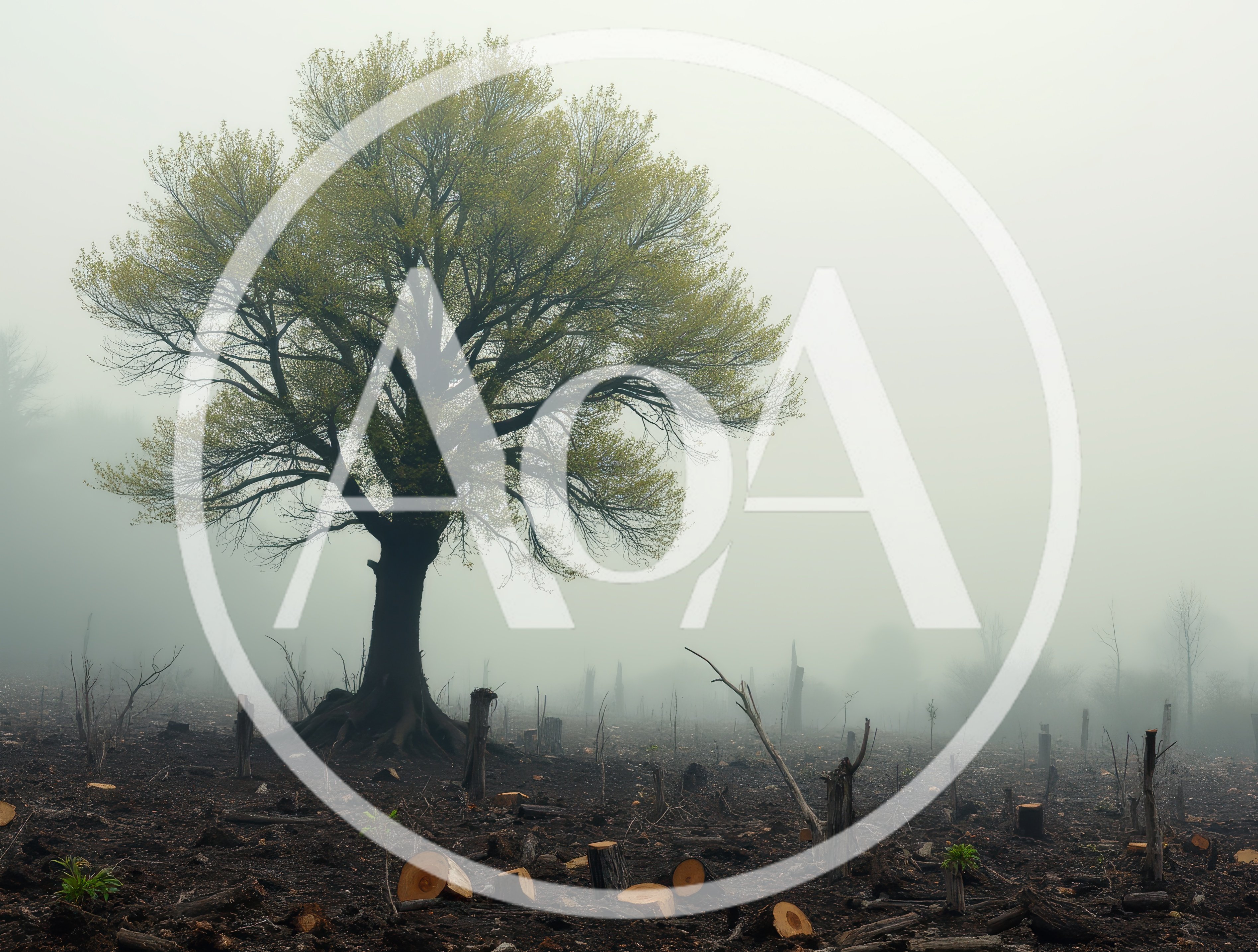 Solitary Tree Standing Amidst A Deforested Foggy Landscape