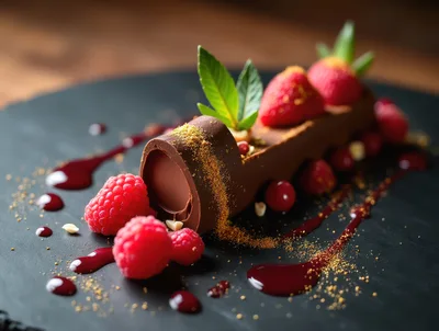 Gourmet Chocolate Dessert Log With Fresh Raspberries