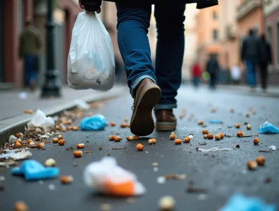 Person Walking Through Litter Covered City Street