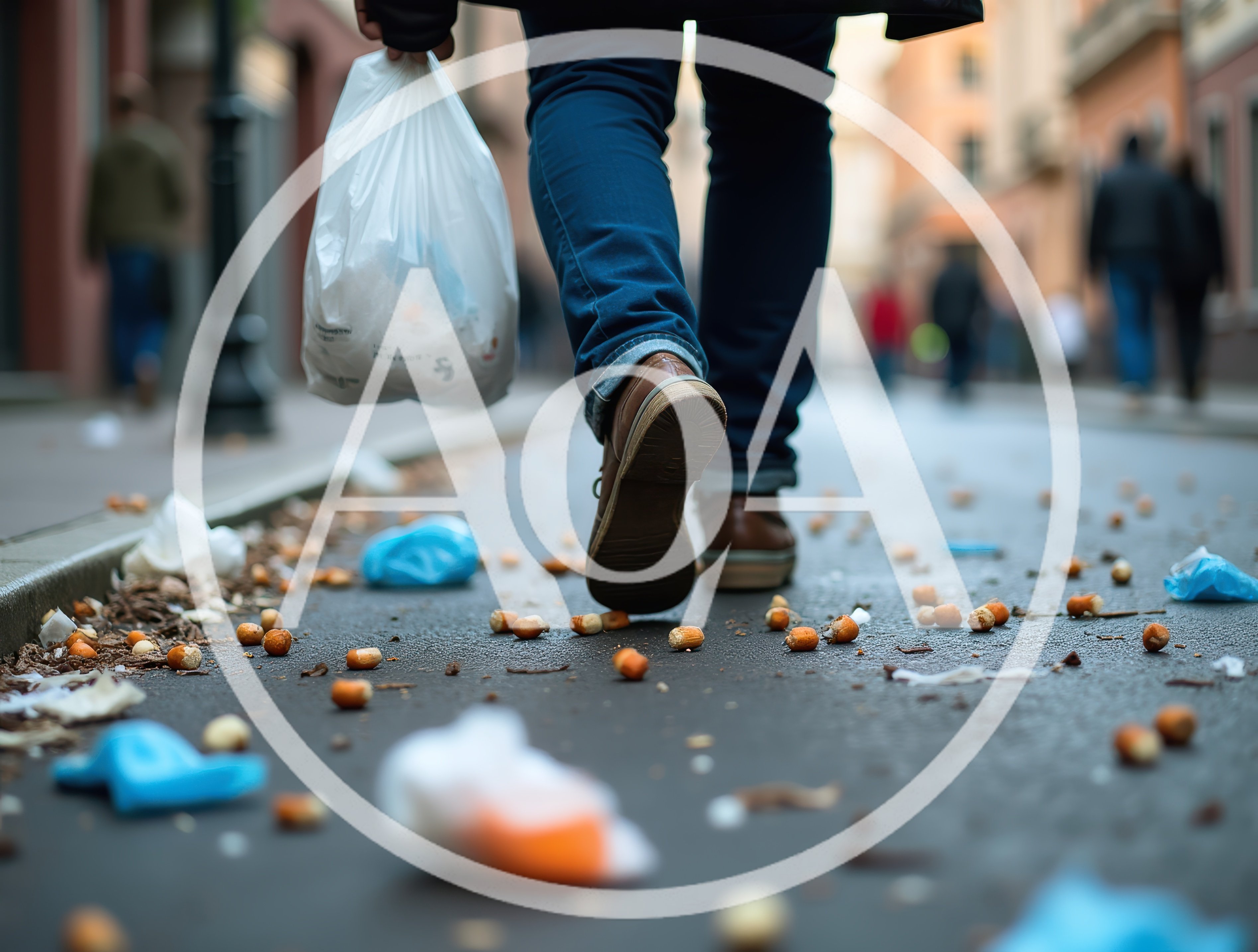 Person Walking Through Litter Covered City Street