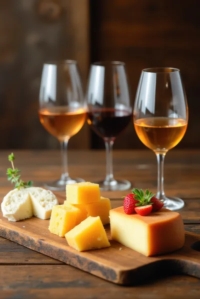 Wine Tasting Board With Assorted Cheeses And Strawberries