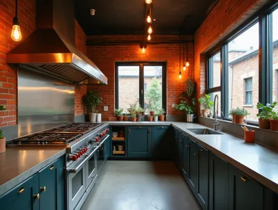 Modern Industrial Kitchen With Exposed Brick Walls