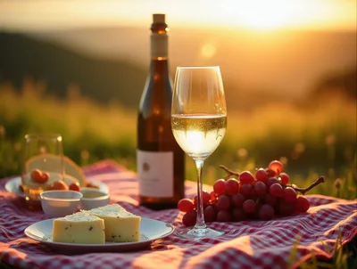 Picnic With Wine And Cheese At Sunset