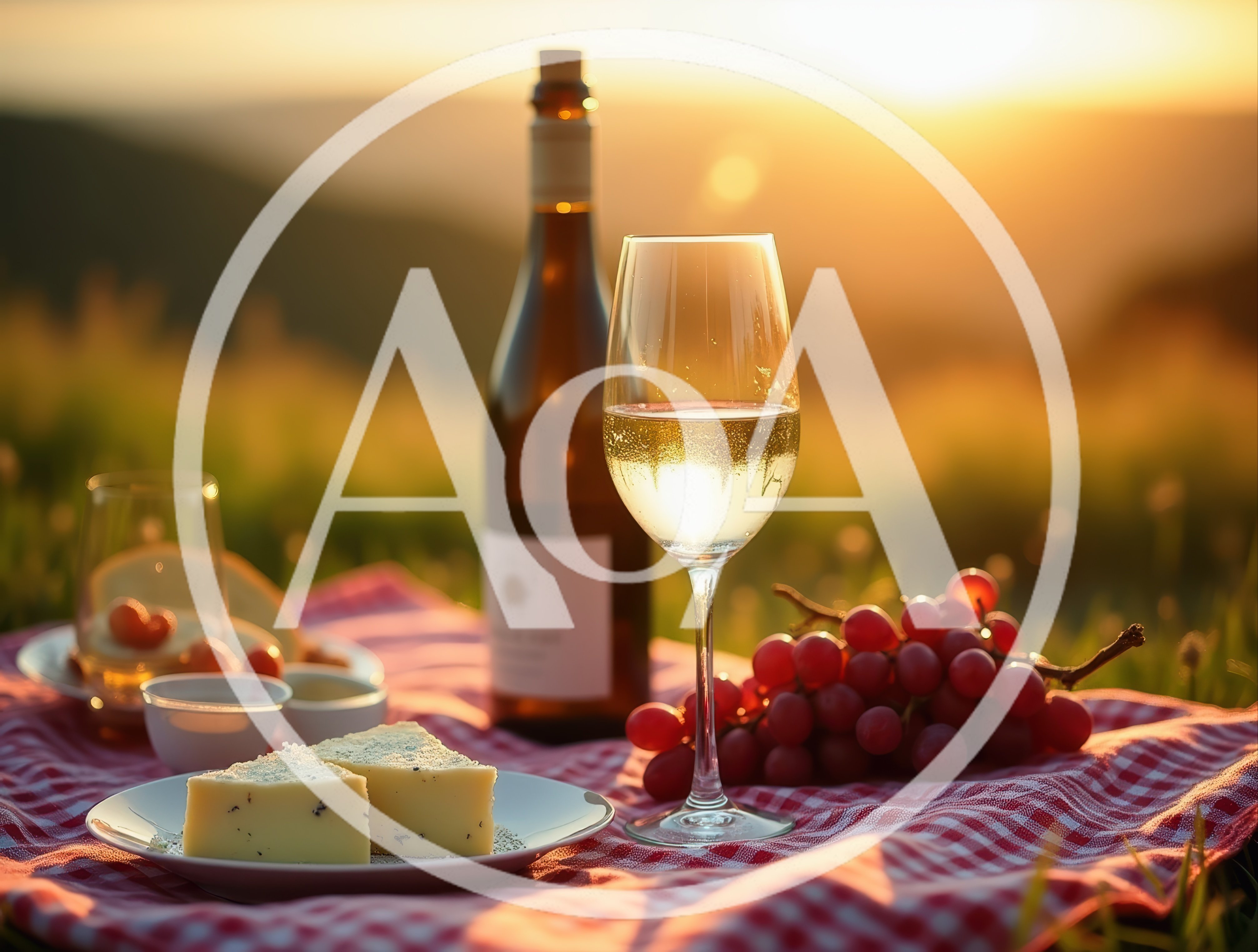 Picnic With Wine And Cheese At Sunset