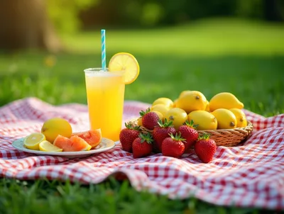 Picnic Setting With Fresh Lemonade And Fruit