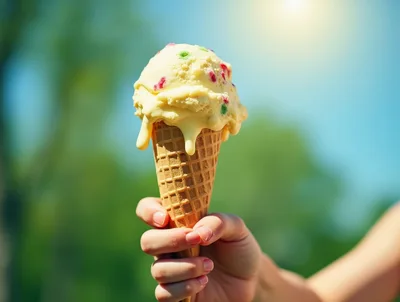 Hand Holding A Melting Ice Cream Cone Outdoors
