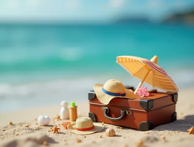 Vintage Suitcase With Beach Accessories On Sandy Shore