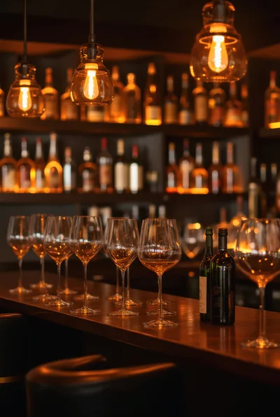 Empty Wine Glasses And Bottles On A Bar Counter