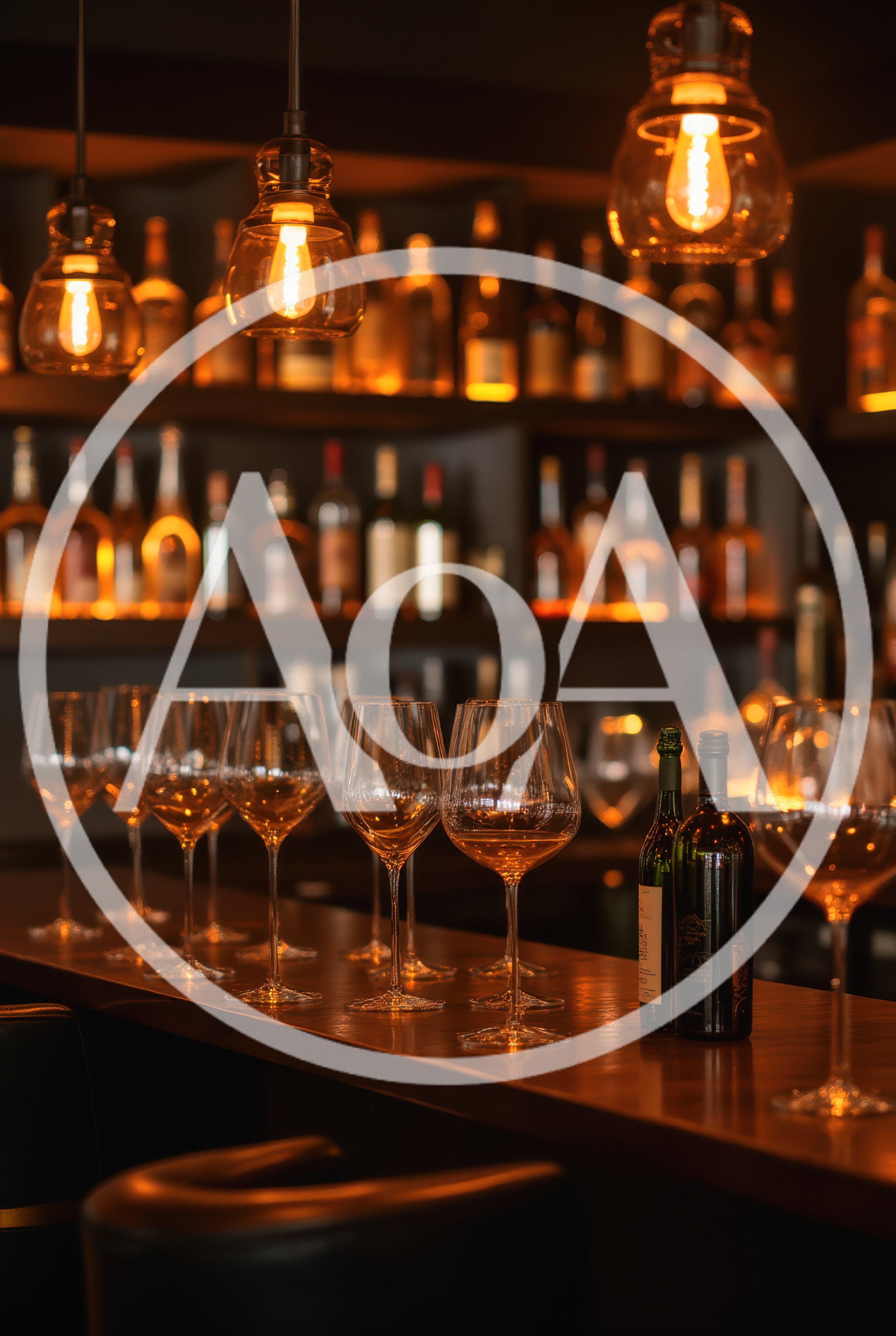 Empty Wine Glasses And Bottles On A Bar Counter