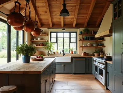 Rustic Farmhouse Kitchen With Copper Cookware And Island