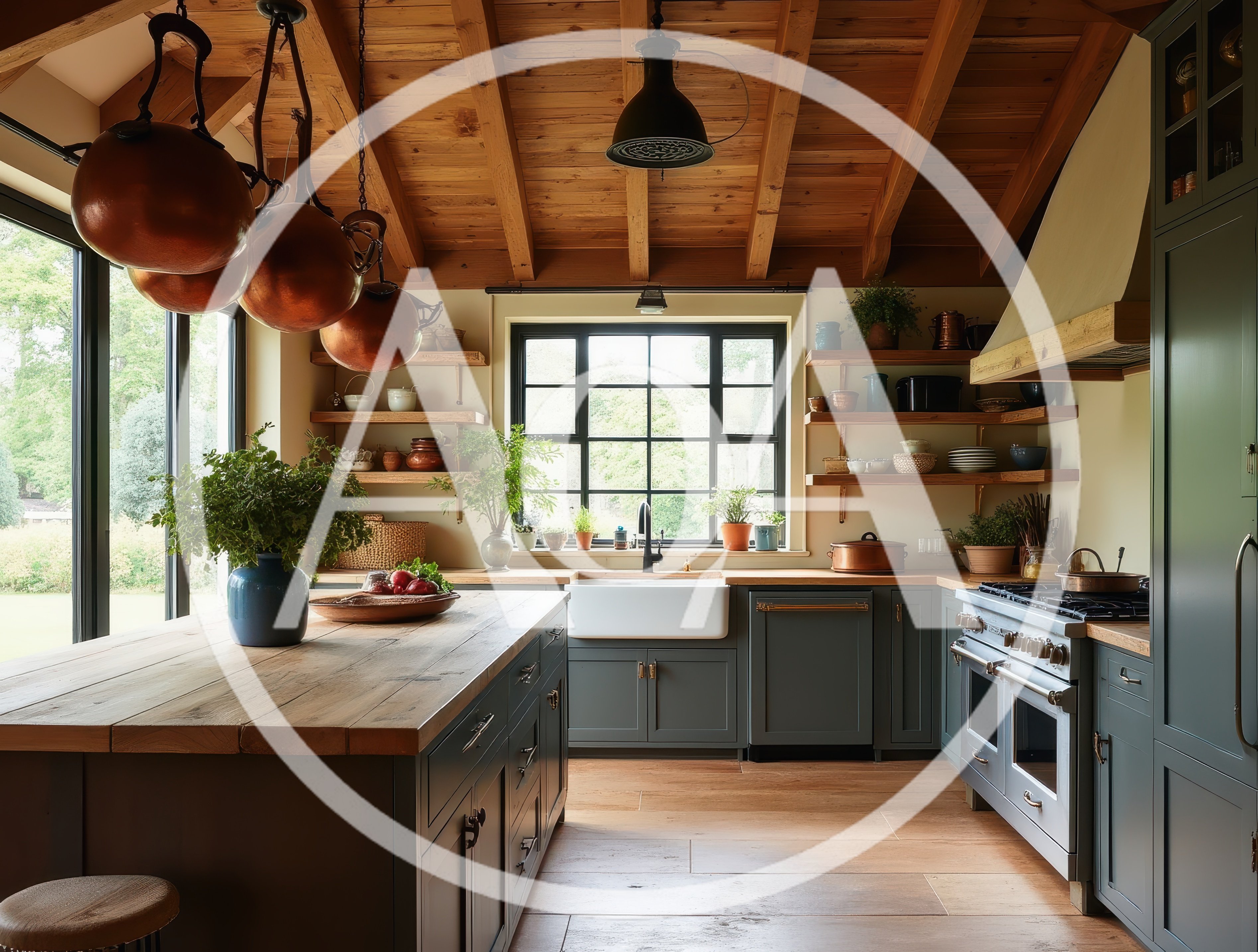 Rustic Farmhouse Kitchen With Copper Cookware And Island