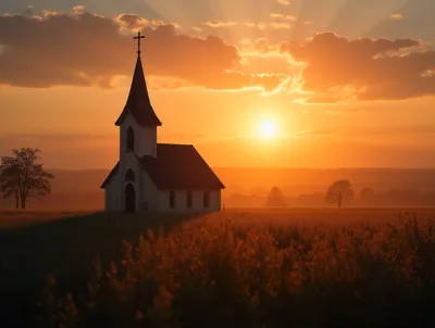 Small Country Church At Sunset In A Golden Field