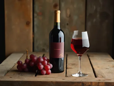 Red Wine Bottle and Glass with Grapes