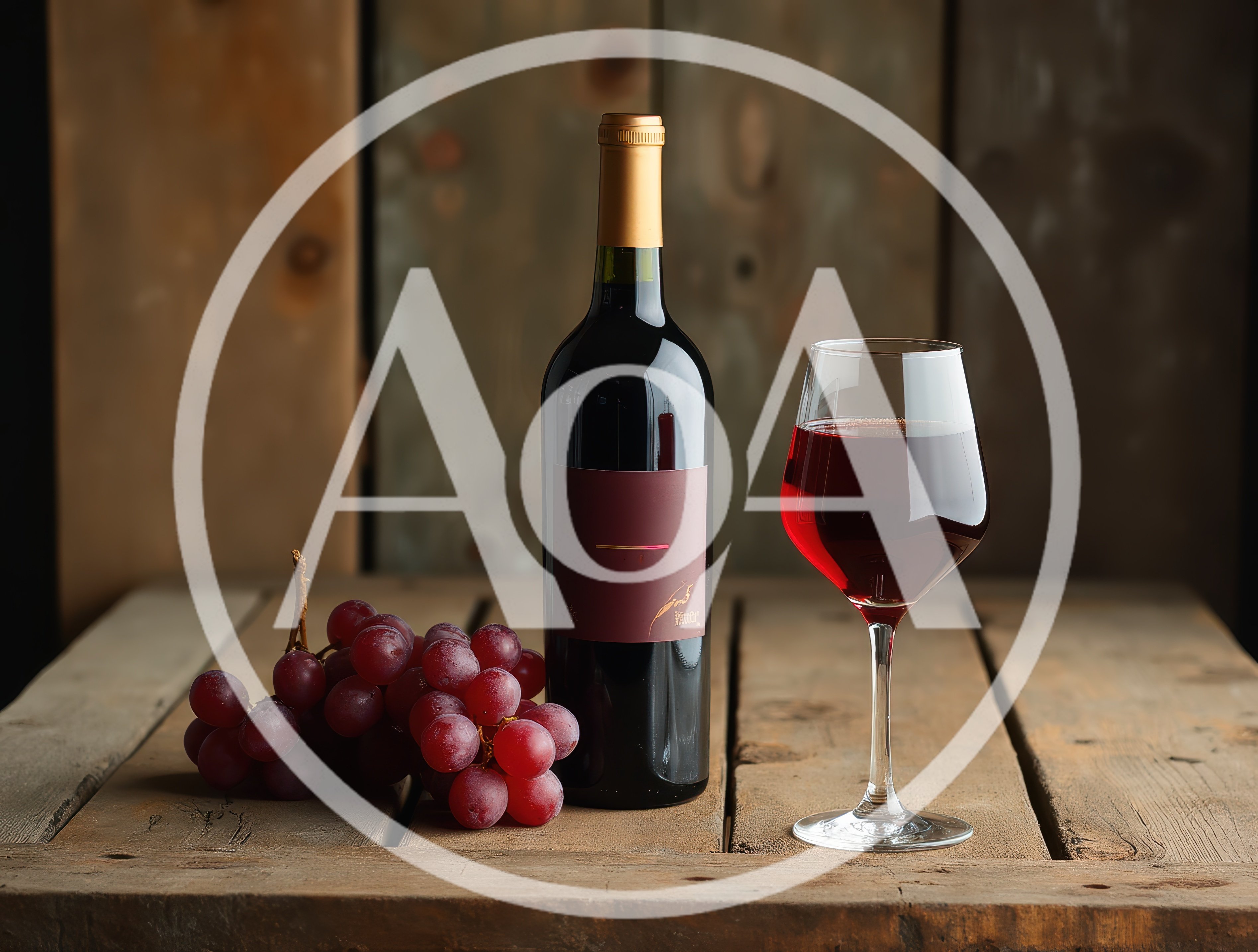 Red Wine Bottle and Glass with Grapes