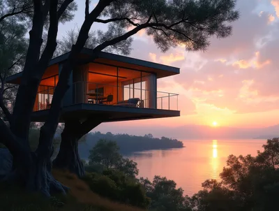 Modern Treehouse Villa Overlooking A Serene Sunset Lake