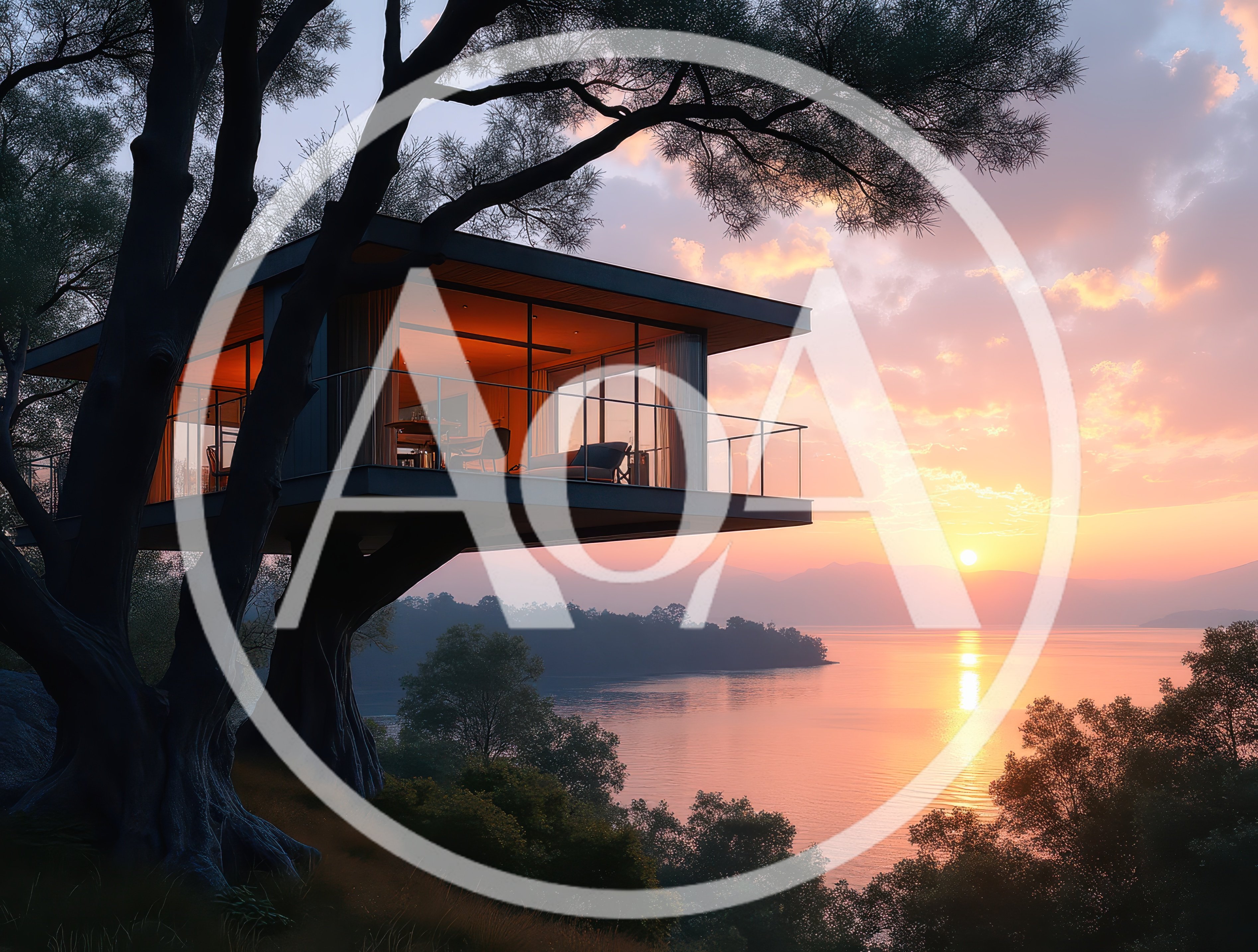 Modern Treehouse Villa Overlooking A Serene Sunset Lake
