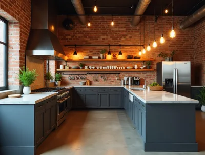 Modern Industrial Kitchen Interior With Exposed Brick Walls