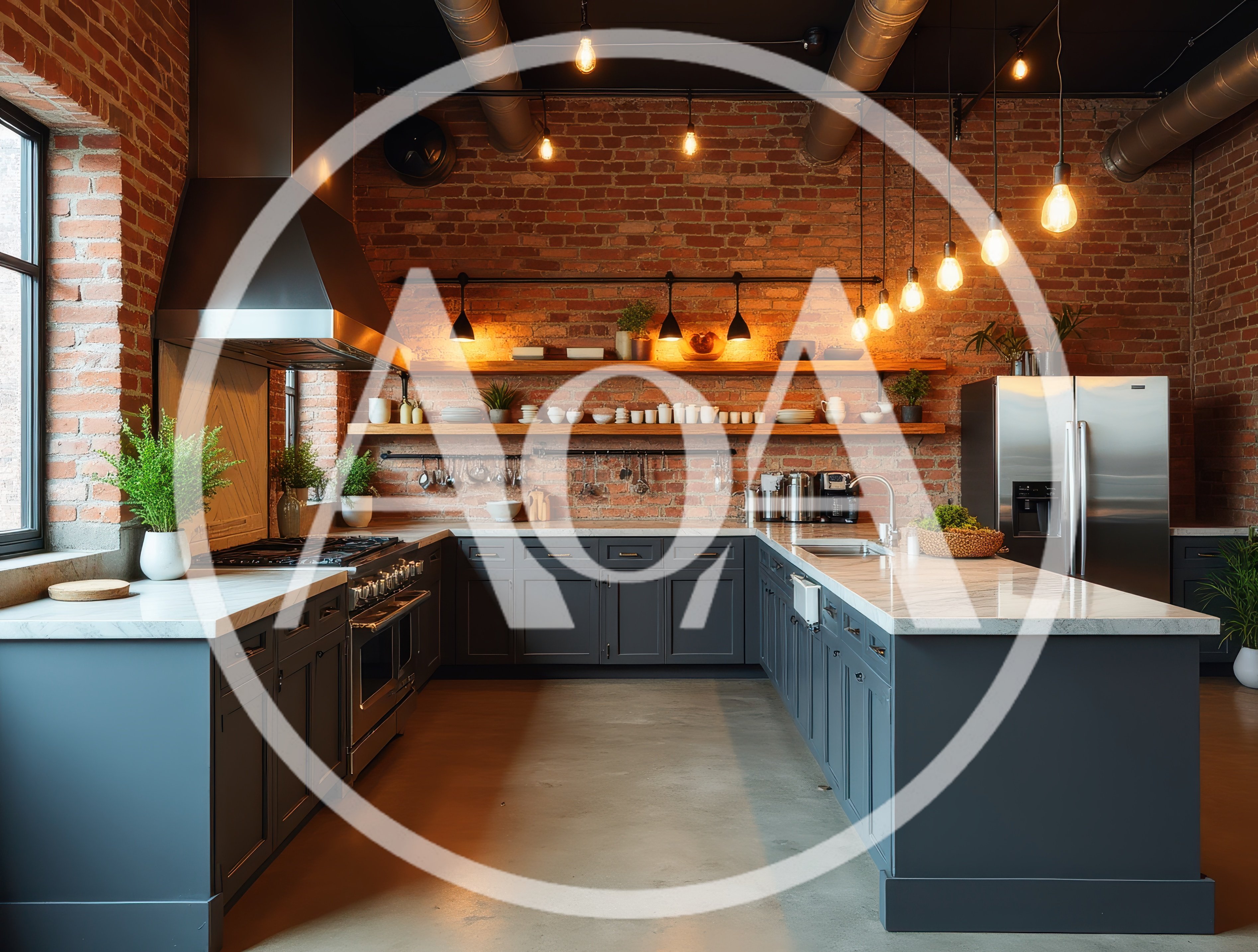 Modern Industrial Kitchen Interior With Exposed Brick Walls