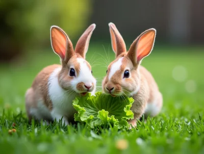 Two Cute Rabbits Eating Lettuce In A Green Meadow