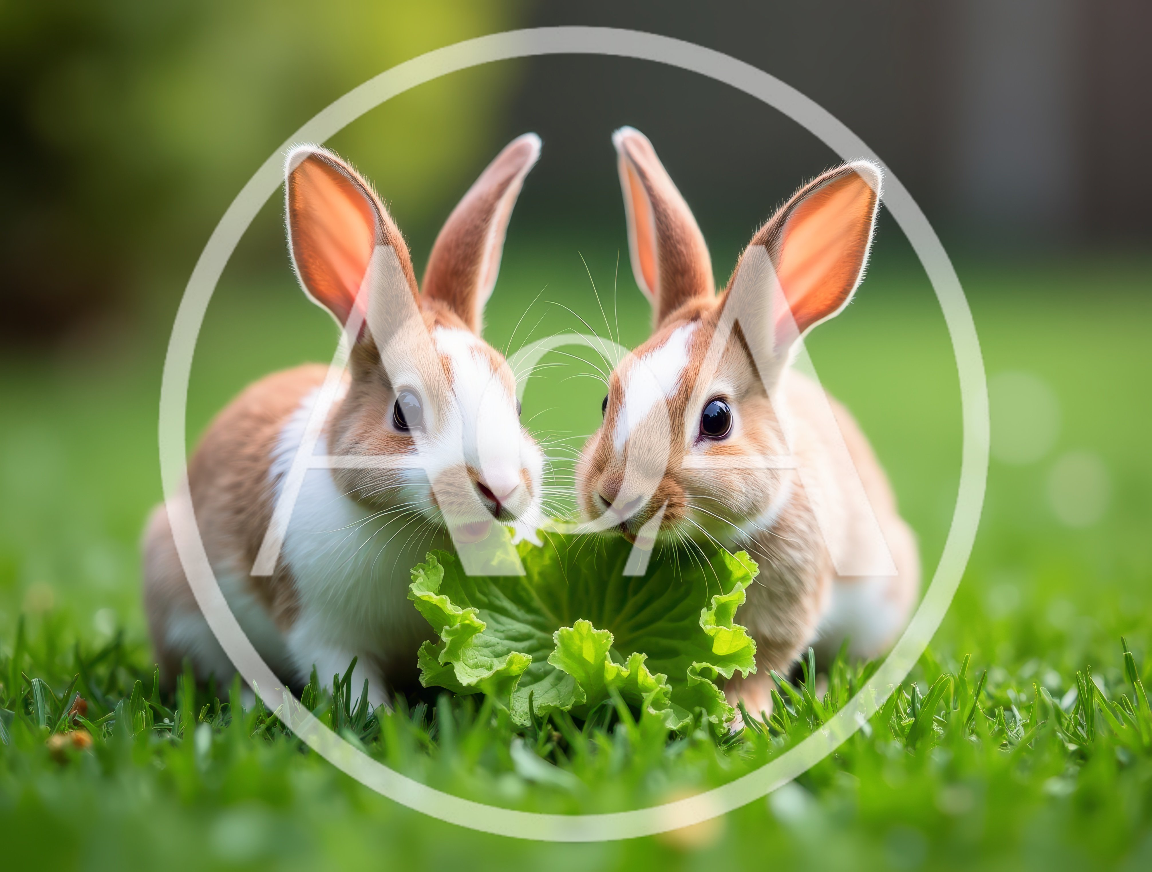 Two Cute Rabbits Eating Lettuce In A Green Meadow