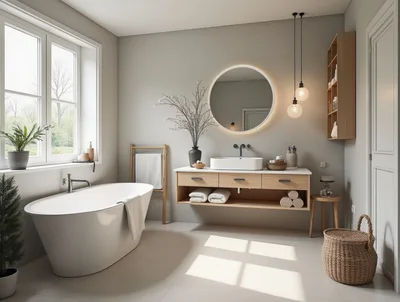 Modern Minimalist Bathroom Interior With Freestanding Bathtub