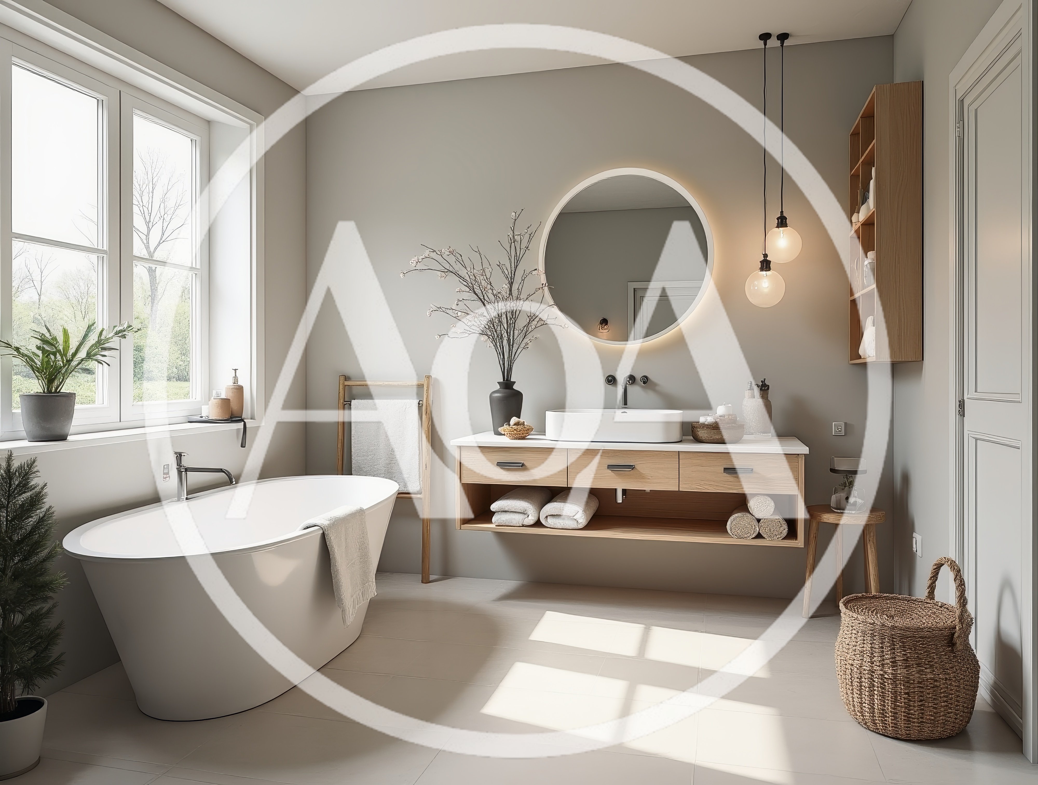 Modern Minimalist Bathroom Interior With Freestanding Bathtub