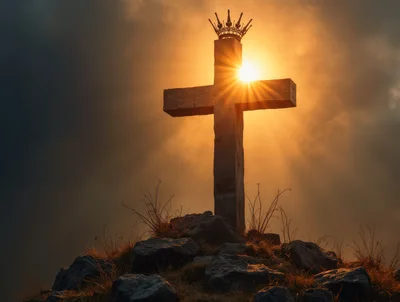 Wooden Cross With Crown On Rocky Hilltop