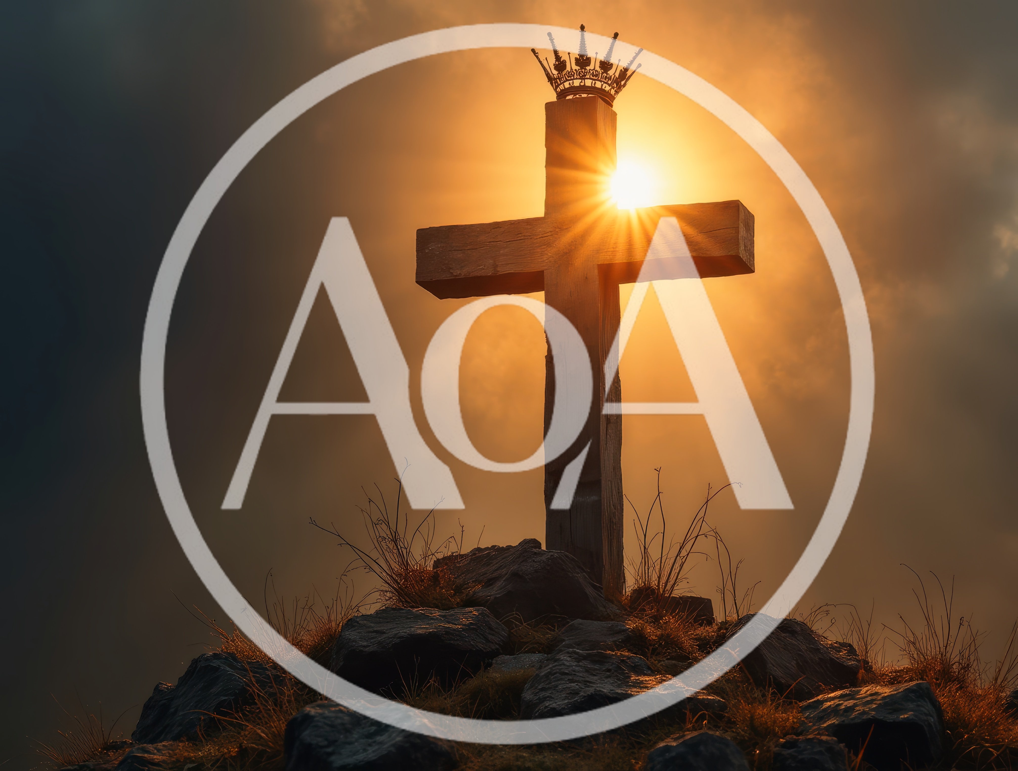 Wooden Cross With Crown On Rocky Hilltop