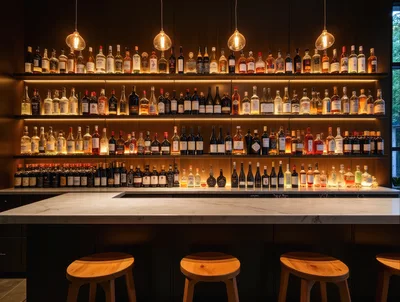 Modern Bar Interior With Illuminated Liquor Shelves