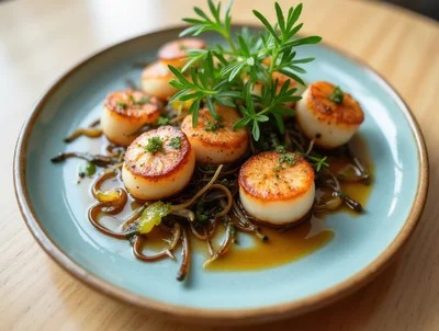 Seared Scallops Served On A Blue Ceramic Plate