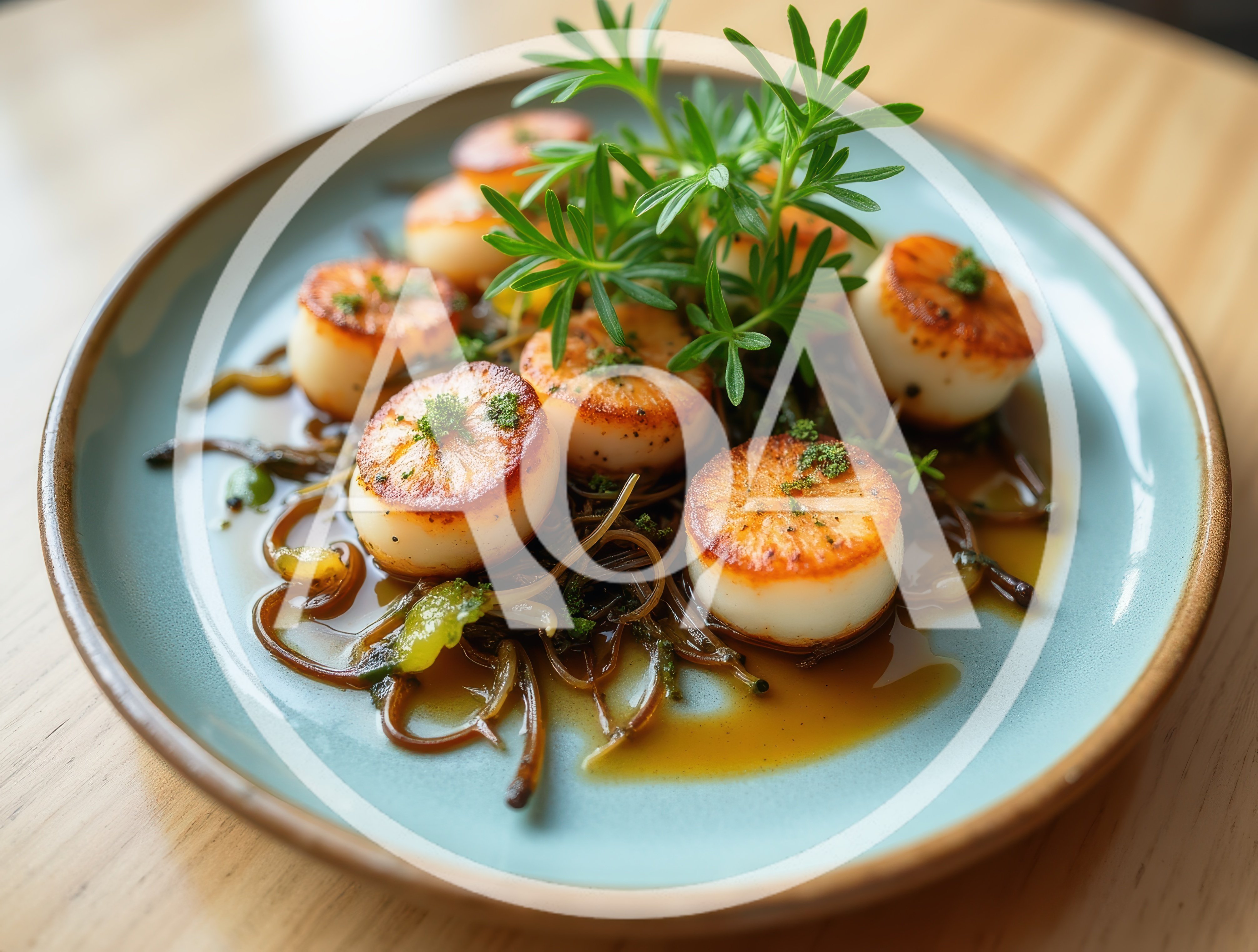 Seared Scallops Served On A Blue Ceramic Plate