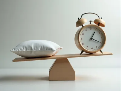 Pillow and Alarm Clock Balancing on a Wooden Seesaw