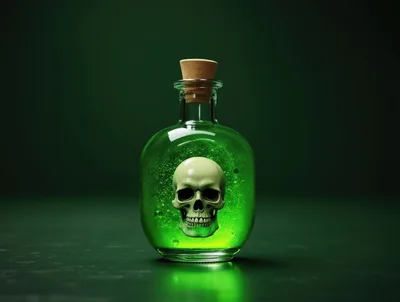 Green Poison Potion Bottle With Skull Inside