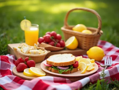 Picnic Lunch With Sandwich And Fruit On Red Checkered Blanket