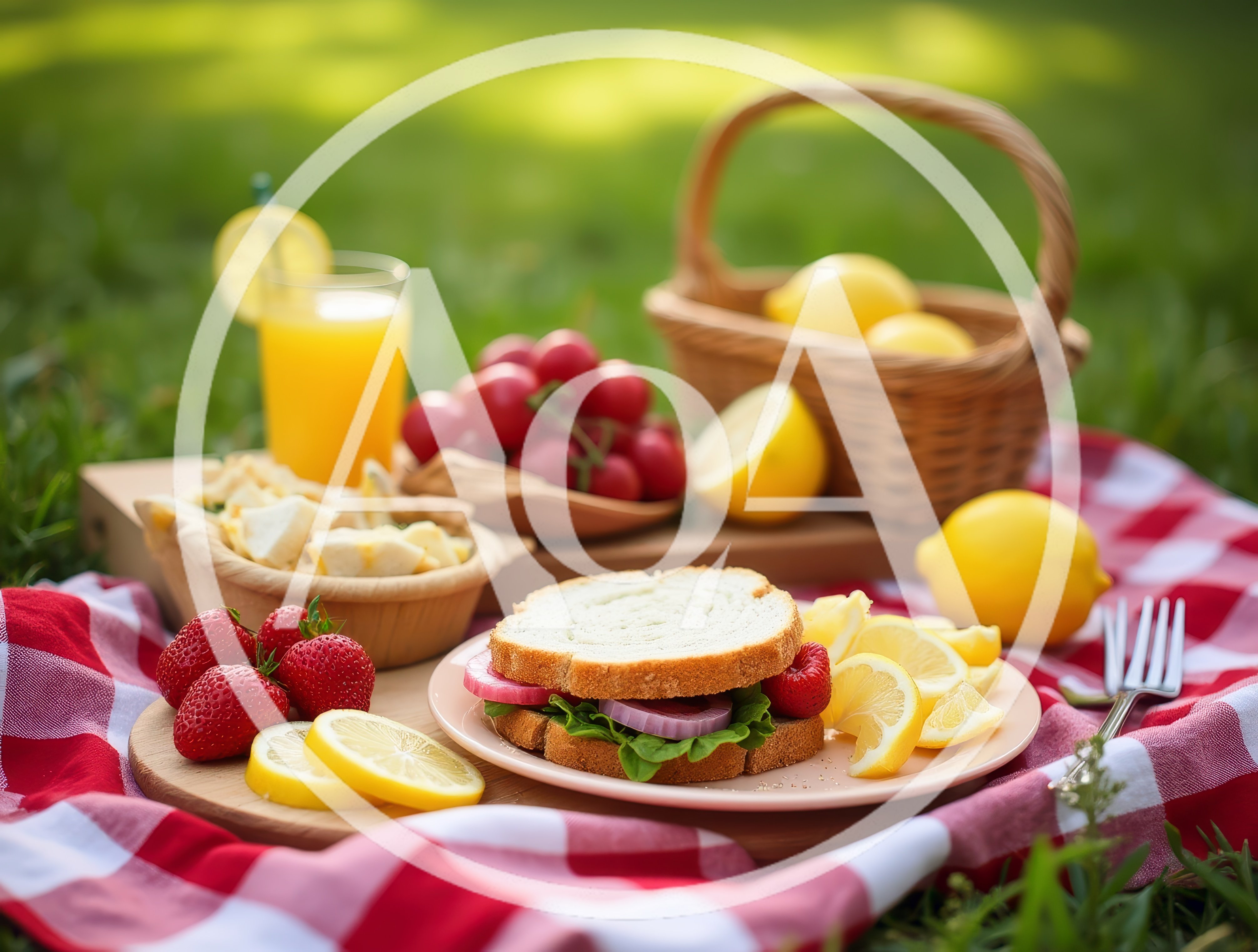 Picnic Lunch With Sandwich And Fruit On Red Checkered Blanket